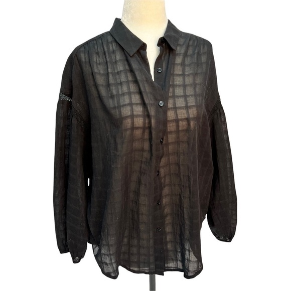 𝅺NWT Anthropologie See U Soon Button Up Windowpane Semi-Sheer Black Blous… - Picture 1 of 11